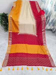 Saffron Gold & Crimson Ruby Shaded Chinon Chiffon Checkered Saree with Ivory Pearl Highlights