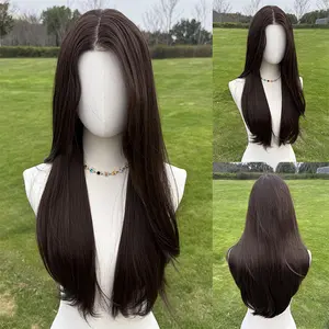 SMILCO/26Inch Luxury Black/Brown Low Density/Pre-Cut/Pre Plucked/13*6 Lace Front Free Part Futura Layer Cutted Long Straight Synthetic Wig /SM9709