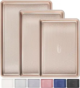 Set of 3 Baking Sheet Pan , Cookie Sheets for Oven, Nonstick Half/Quarter/Jelly Roll Pans with Diamond Texture Pattern, 0.8mm Thick Heavy Duty Cookie Tray, Champagne Gold