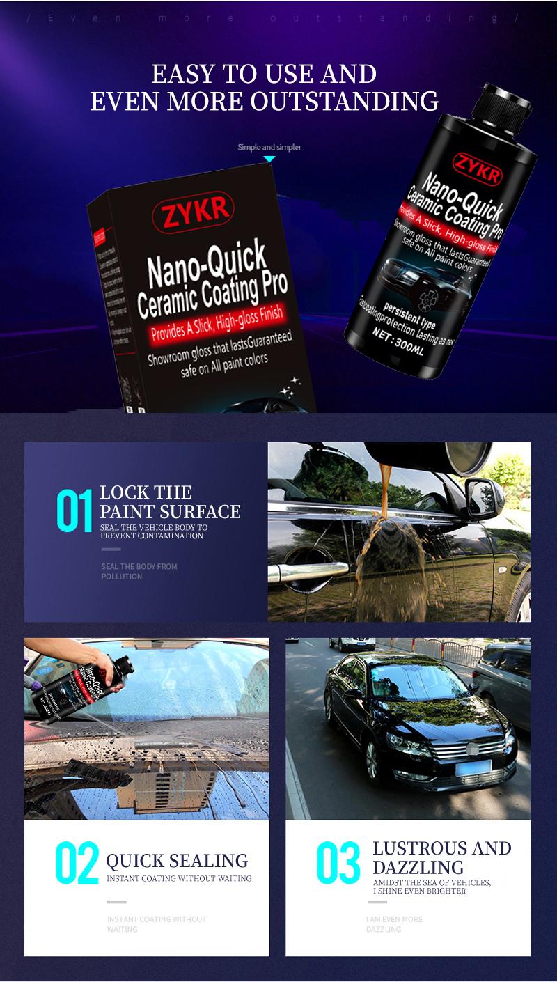 ZYKR Nano-Quick Ceramic Coating Pro for automobiles, featuring advanced ceramic technology for dust-proof glass effect and lasting luster. 300 ml.