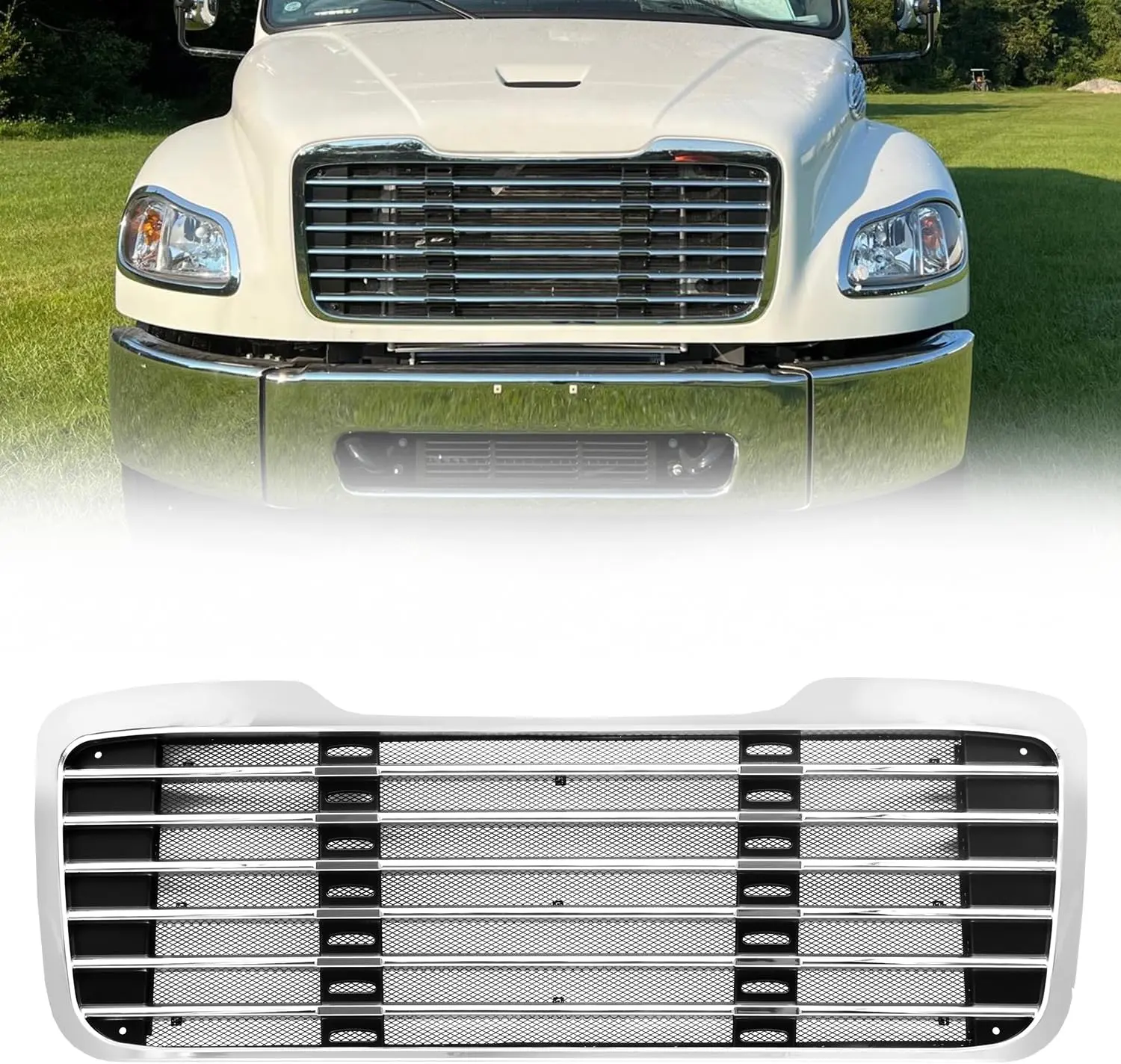 Chrome Front Grille Assembly with Bug Screen Guard Fit for 2003-2015 Freightliner M2 100 106 112 Truck, Aftermarket Radiator Grille Replacement Parts (17-14104-001, A1714787001)