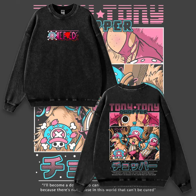 Retro Limited Tony Tony Chopper One Piece Anime Double-Sided Printed Vintage Oversized Washed Graphic Sweatshirt, Casual Y2K Oversize Anime Manga Acid Wash Graphic Hoodie, Unisex Cotton Streetwear Otaku Top Fit Sweater, Gift For Fan Anime Lover Shirt