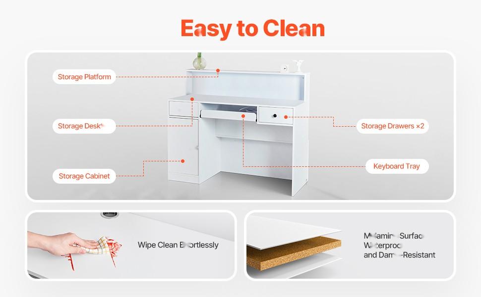 47-Inch Rectangular Reception Desk With LED Lighting, Front Counter Table, Office Welcome Desk With Two Drawers, Built-In Power Outlets And Cable Management, Ideal For Checkout, Lobby, Beauty Salon, Clinic Or Office, White