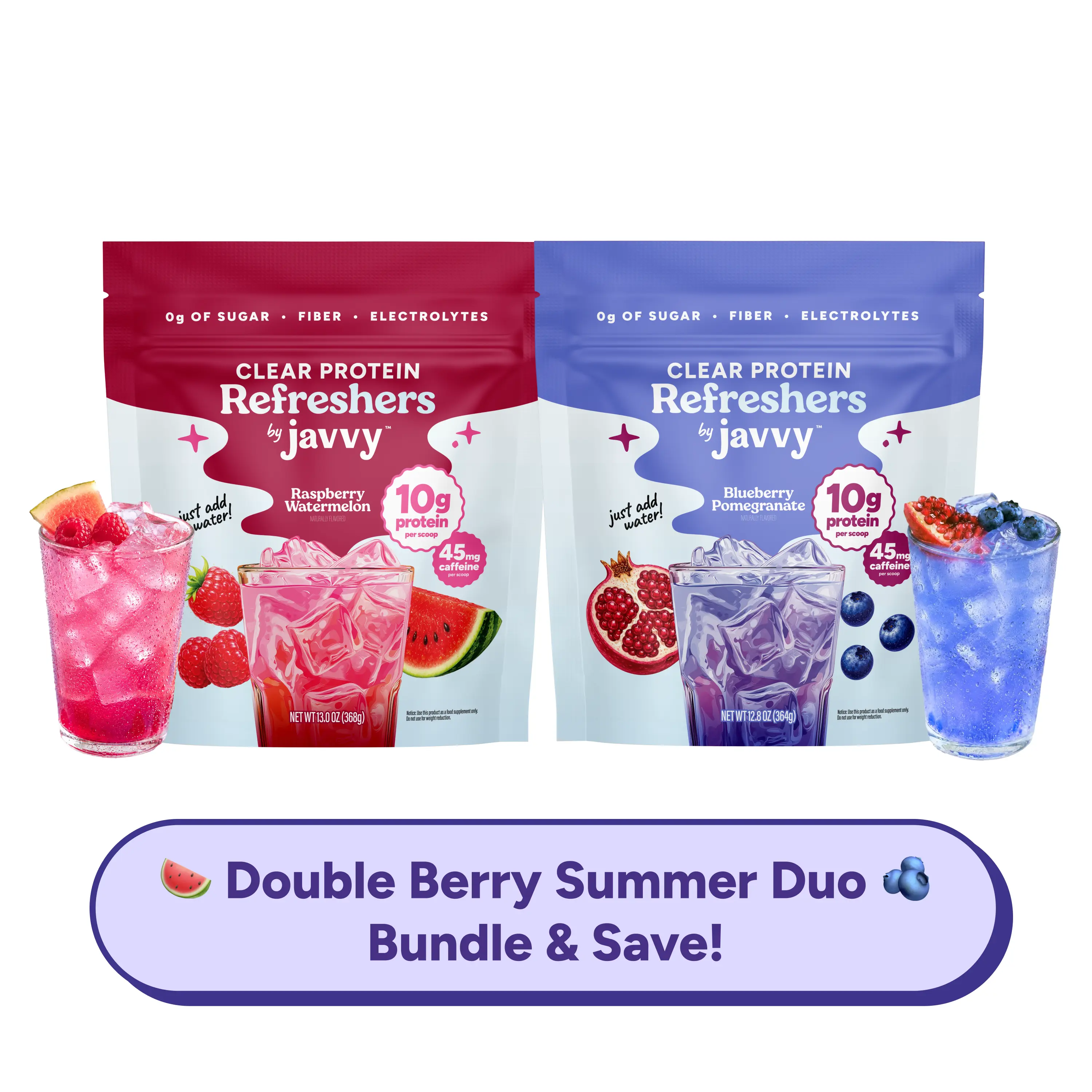 Javvy Double Berry Summer Duo TikTok Exclusive Bundle Raspberry Watermelon & Blueberry Pomegranate Refresher Clear Whey Protein Drink Mix, 45mg Caffeine, 0g Sugar, 10g Protein, With Fiber & Electrolytes, 20 Servings Each