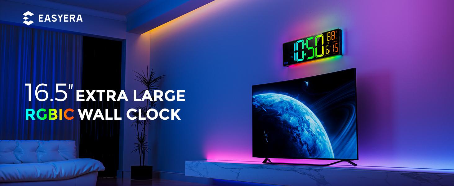 EASYERA 16.5" Large Digital Wall Clock with BT Sync, RGB Lights with 11 Scenes Mode Remote Control, Big LED Clock with Dual Alarms, Auto DST, Temperature for Classroom Gaming, Office, GameRoom, LivingRoom EASYERA 16.5" Large Digital Wall Clock with BT Sync, RGB Lights with 11 Scenes Mode Remote Control, Big LED Clock with Dual Alarms, Auto DST, Temperature for Classroom Gaming, Office, GameRoom, LivingRoom