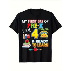 First Day Of Pre K T Shirt For Boys I Am 4 Years Old Graphic Tee Soft Breathable Black Short Sleeve Round Neck School Bus Design Back To School Outfit