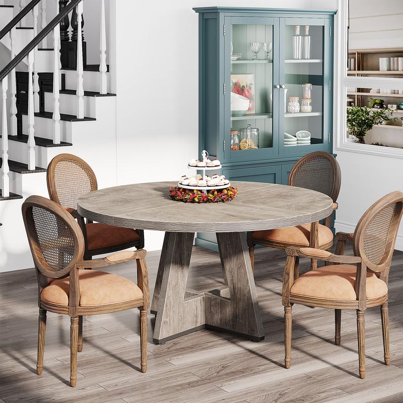 LITTLE TREE Round Dining Table for 4-6 People, 47 Inches Dining Room Table with Wooden Pedestal Base, Grey Dinner Tables, Circle Kitchen Tables for Dining Room, Kitchen, Living Room
