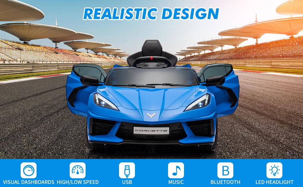 【GARVEE】Ride On Sports Car 12V Battery Powered Electric Car for Toddlers with Licensed Corvette Design, Remote Control, Visual Dashboard, Music, LED Lights, and Gift-Ready Dark Blue Model