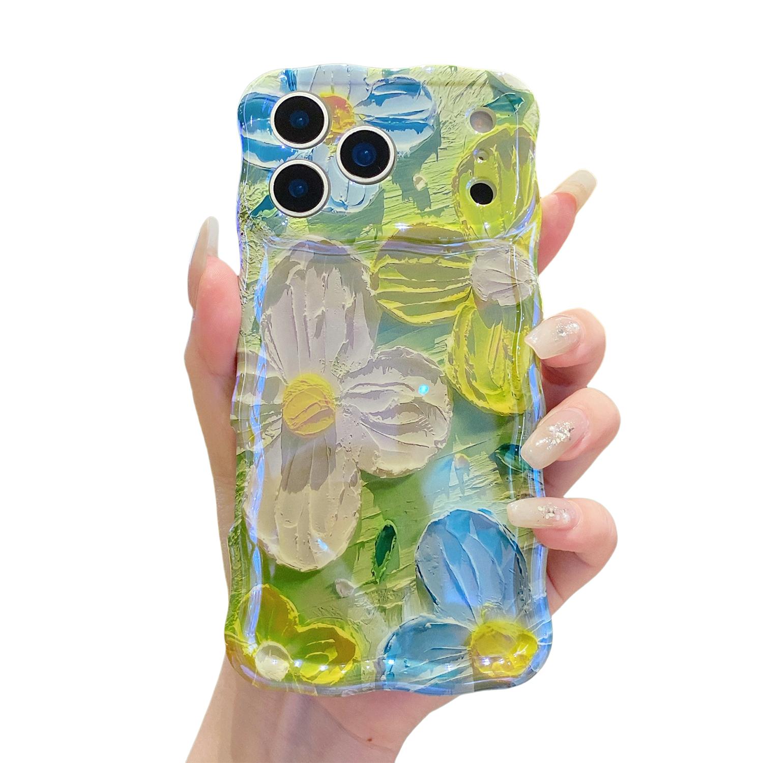 Case for iPhone 17 Pro Max 17 Air 16 15 14 13 Pro Max, Colorful Oil Painting Flower Laser Glossy Pattern Cute Curly Wave Edge Cover TPU Protective Case for Girl Women