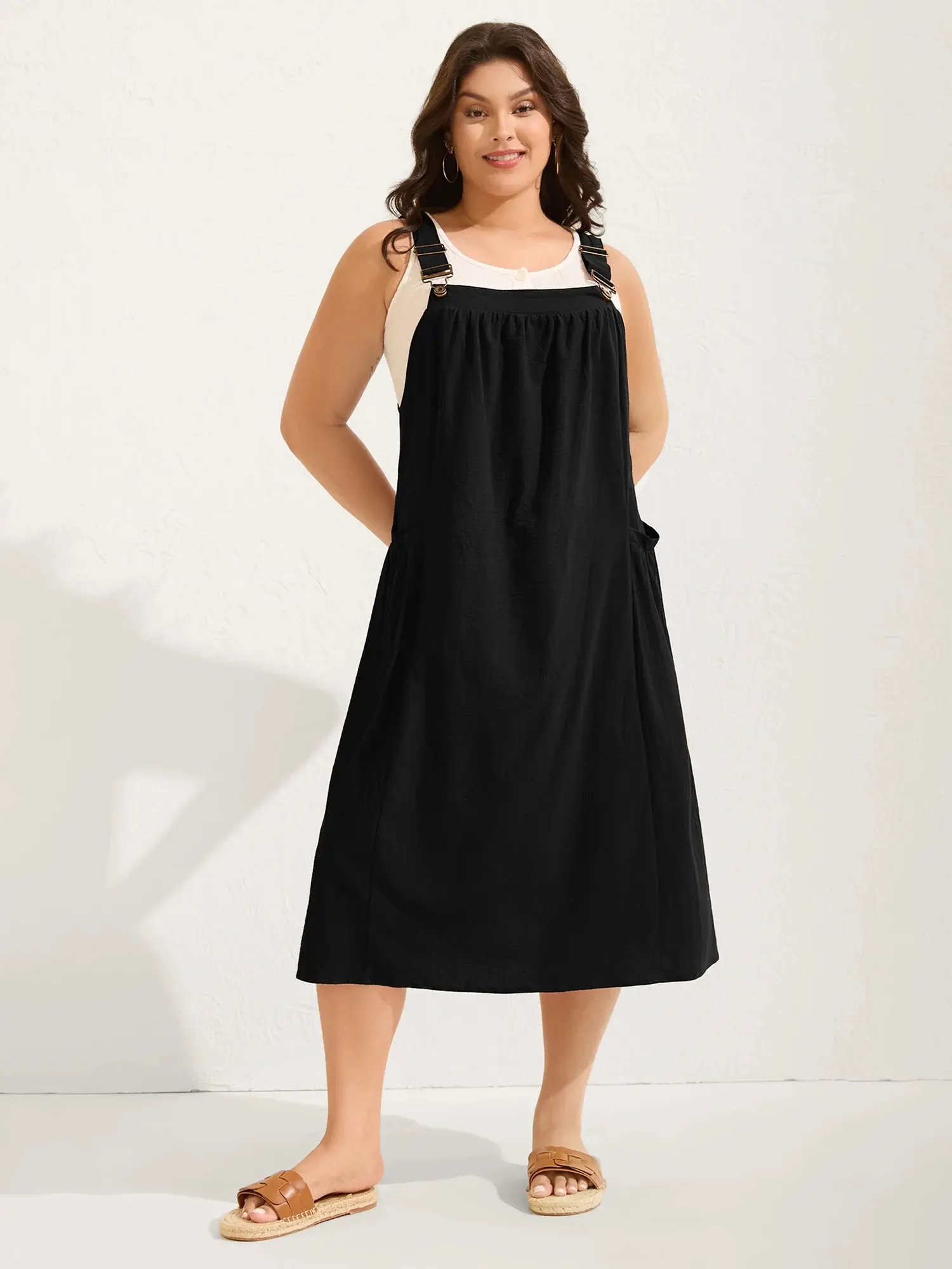BLOOMCHIC Women's Plus Size Cotton Pleated Pinafore Overall Midi Dress - Sleeveless, Simple, Comfy, Breathable Basic Fabric, Flowy Relaxed Fit, Rust, Curvy Clothing, Boho Earthy Girl Summer Vacation Outfit, M-6X