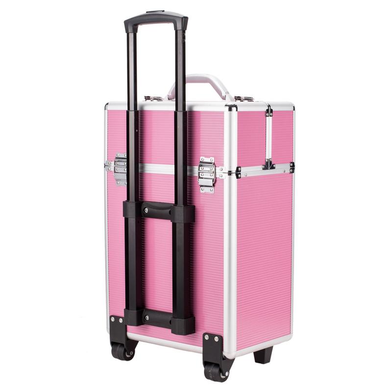 4 Tier Lockable Cosmetic Makeup Train Case with Extendable Trays Pink Aluminum Frame Travel Companion Secure Storage Stackable 6 Drawers Adjustable Handle