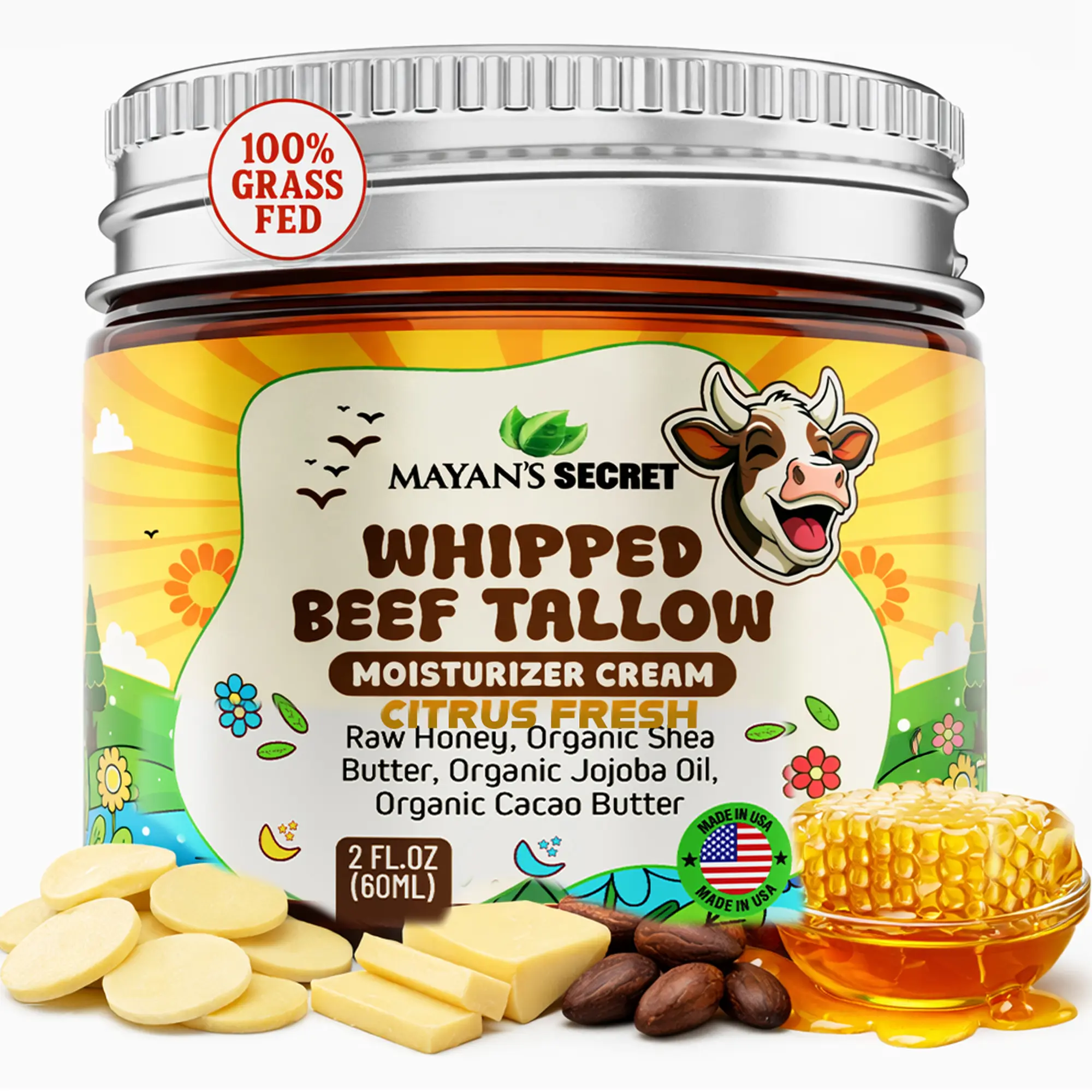 Mayan's Secret Grass-Fed Beef Tallow Body Care Moisturizer Cream - 2 oz Whipped, Lightweight Gentle Blend with Vitamins, Organic Jojoba Oil, Shea Butter, Cacao Butter, Raw Honey - Made in USA, Amber Glass Jar, Citrus Fresh