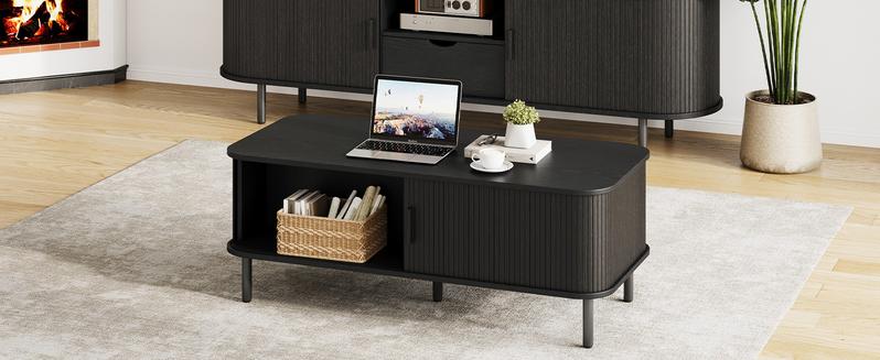 【Valentine's Day gift】ONBRILL Fluted Coffee Table with Storage,47.2" Modern Coffee Tables with Sliding Door, Rectangle Wood Center Table with Adjustable Leg for Living Room, Black