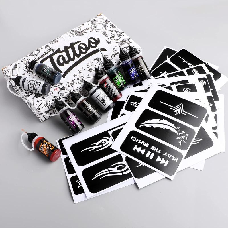 Temporary Tattoo Kit 10 Bottles Color Inks, 84 Pcs Stencils Kit for Body Paint DIY Tattoos Temp, DIY Fake Tattoo for Women Kids (Black*2, Cyan, Red, Green, Blue, Purple, Brown*2, Orange)