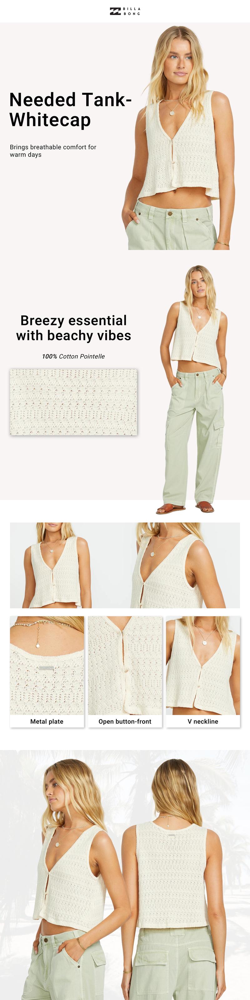 BILLABONG Women's Needed Tank，100% Cotton Pointelle,Open Button-front, V-neck