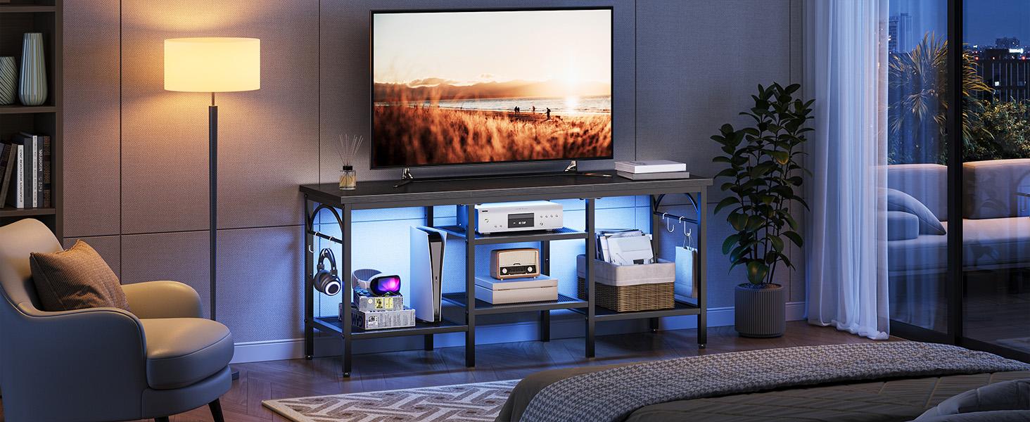 Pinmoco TV Stand for TVs up to 55 Inch, LED Light Entertainment Center with Open Storage Shelves, TV Media Console Table for Living Room, Bedroom