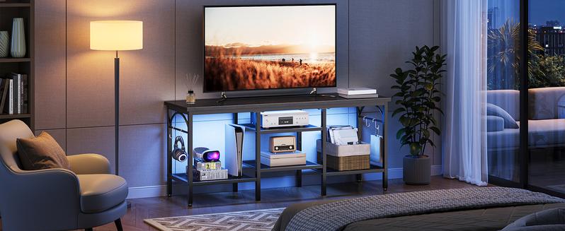 Pinmoco TV Stand for TVs up to 55 Inch, LED Light Entertainment Center with Open Storage Shelves, TV Media Console Table for Living Room, Bedroom