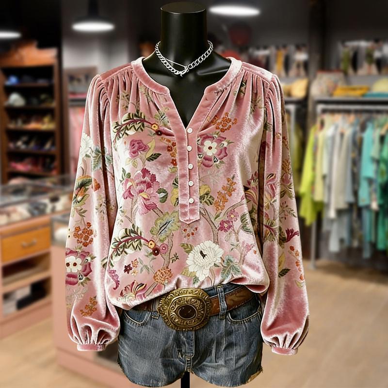 Vintage Floral Print Long Sleeve Velvet Top Elegance Soft Cute Fall Outfits Women's Clothes Going Outfits Womenswear