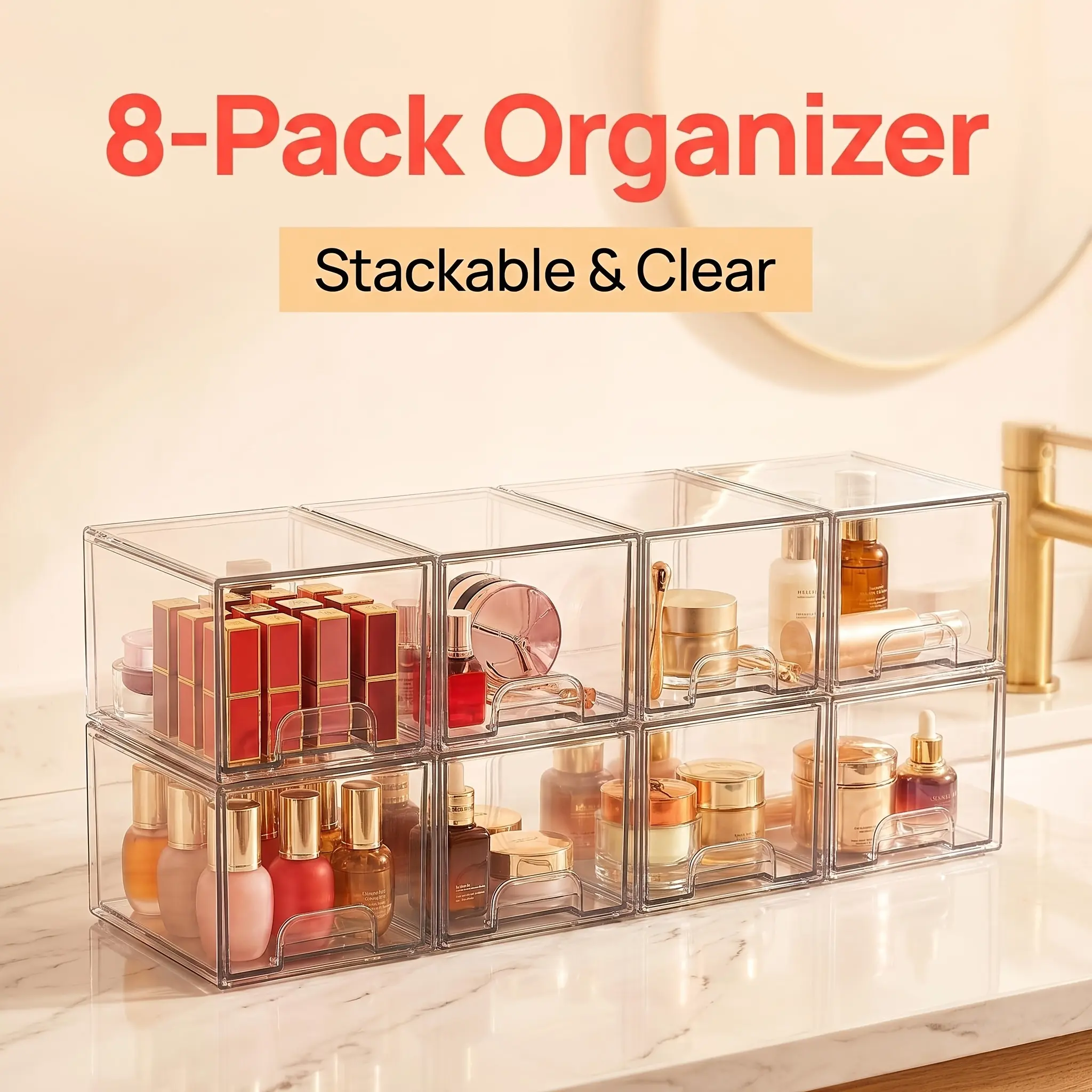 8 Pack Acrylic Bathroom Makeup Organizer, 7.5"D X 6"W X 4.4"H Clear Stackable Storage Drawers, Plastic Storage Bins for Vanity, Home Organization And Storage