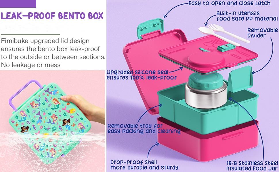 Back to school gift,Fimibuke Bento Box with Thermos, 3-4 Compartment 60OZ Lunch Box Container with Leakproof 8OZ Insulated Food Jar, Sauce Jar, Utensil for School BPA-Free Dishwasher Safe,Funny patterns