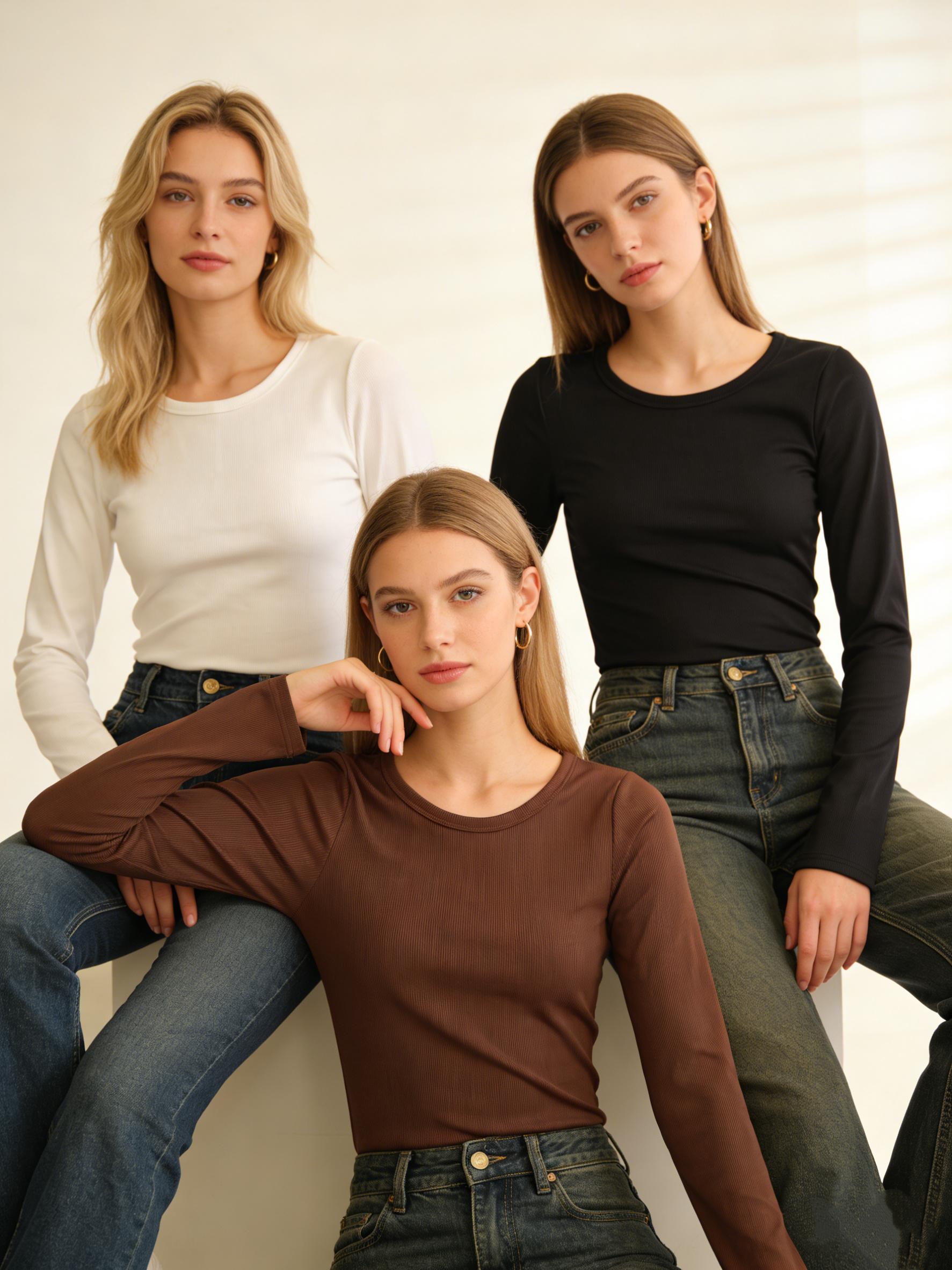 3-Pack Women's Long Shapewear Shirts Rib Knit Slim Fit Tops Basic Tee Fall Outfits Casual T-Shirt Layer Clothes Regular-Fit Long-Sleeve Crewneck Tops for Teen Girls Everyday Wear Sleeve close-fitting Slim Fit Long Sleeve Blouses Light and breathable