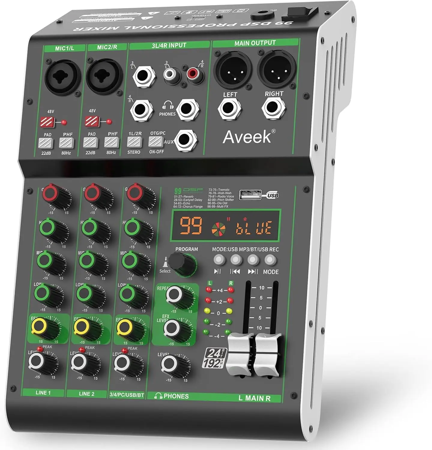 Aveek Audio Mixer, Professional Sound Board Mixing Console with USB, Bluetooth & Computer Connectivity, 4-Channel Stereo DJ Mixer, 48V Phantom Power, 99 DSP Effects, Portable Design with Connector and Button Control for Recording, Karaoke & Streaming summ
