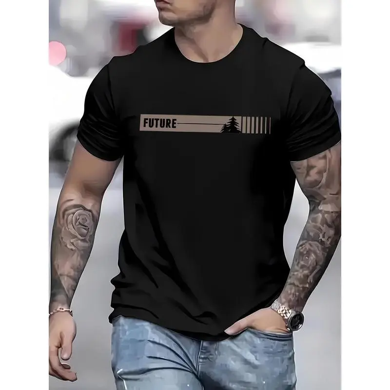 MEN'S casual crew neck T-shirt with "future" print, short sleeve, knit fabric, slight stretch, regular fit, summer top-Black