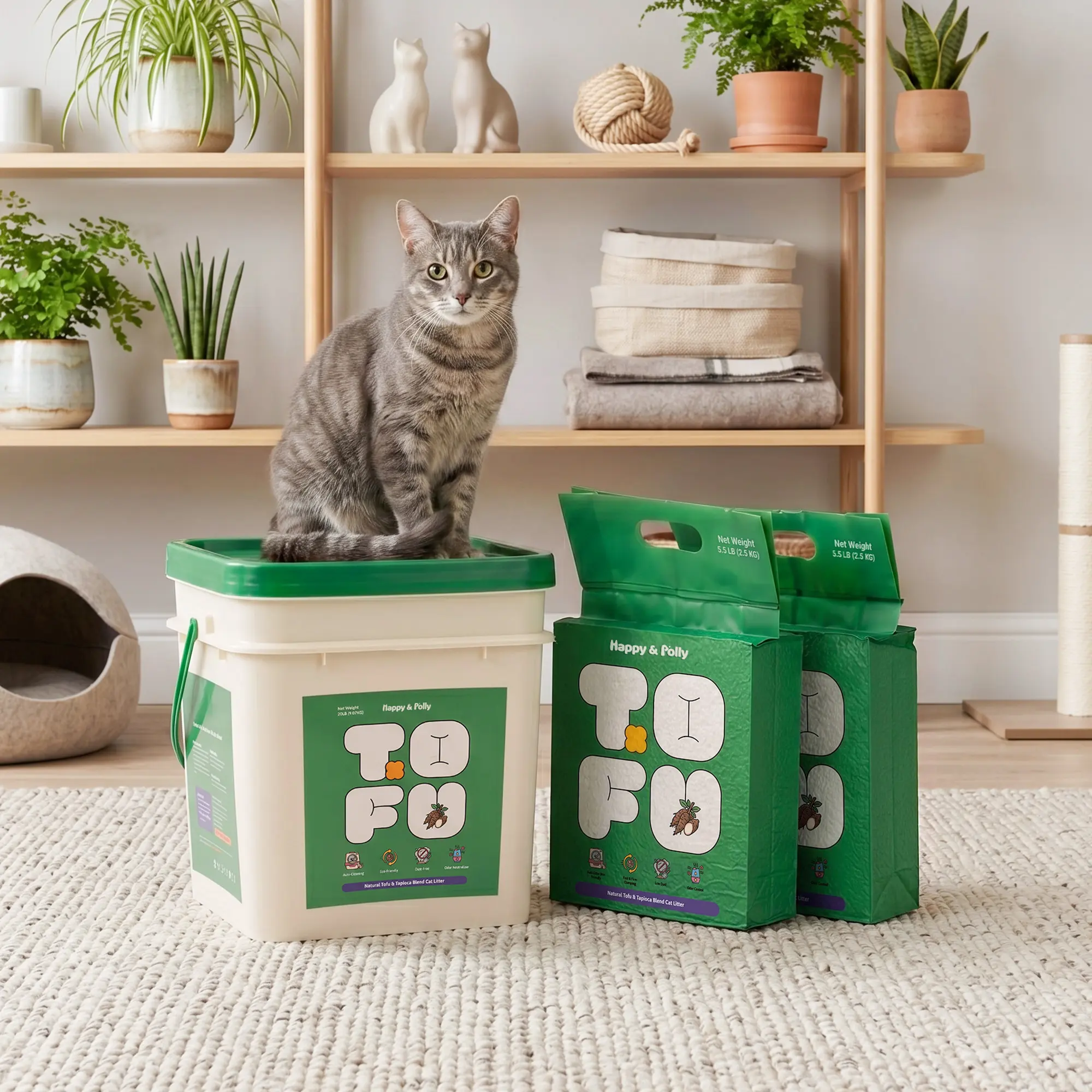Happy & Polly Tofu & Cassava Natural Cat Litter, Small Granules for Automatic Litter Boxes, Tofu Litter, Automatic Self-Cleaning