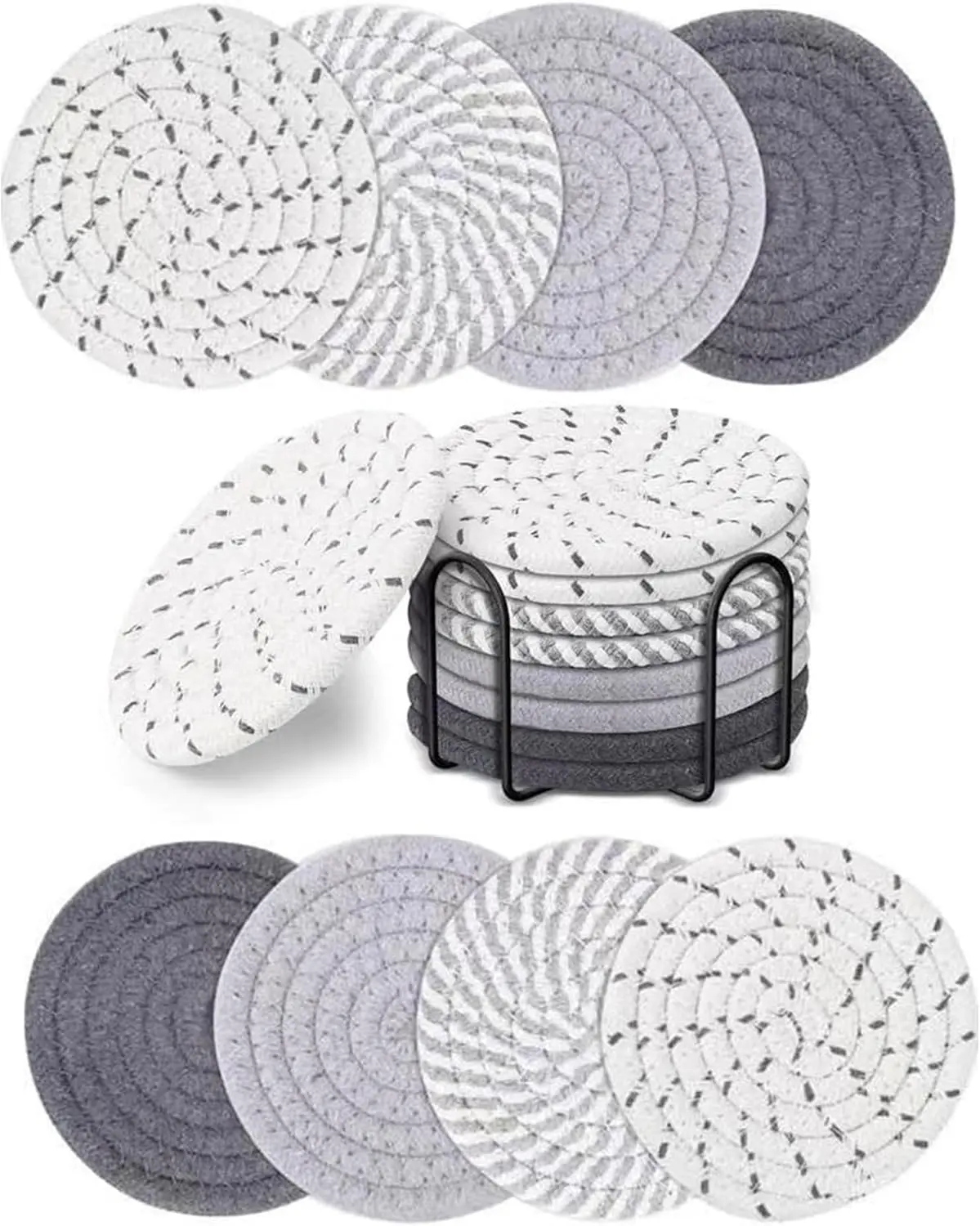 8 PCS Stylish Metal Cup Drink Coasters with Holder, Absorbent Cotton Woven Set for Coffee Table Home Decor, Tabletop Protection & Tableware Accessory