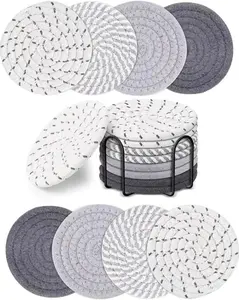 8 PCS Stylish Metal Cup Drink Coasters with Holder, Absorbent Cotton Woven Set for Coffee Table Home Decor, Tabletop Protection & Tableware Accessory