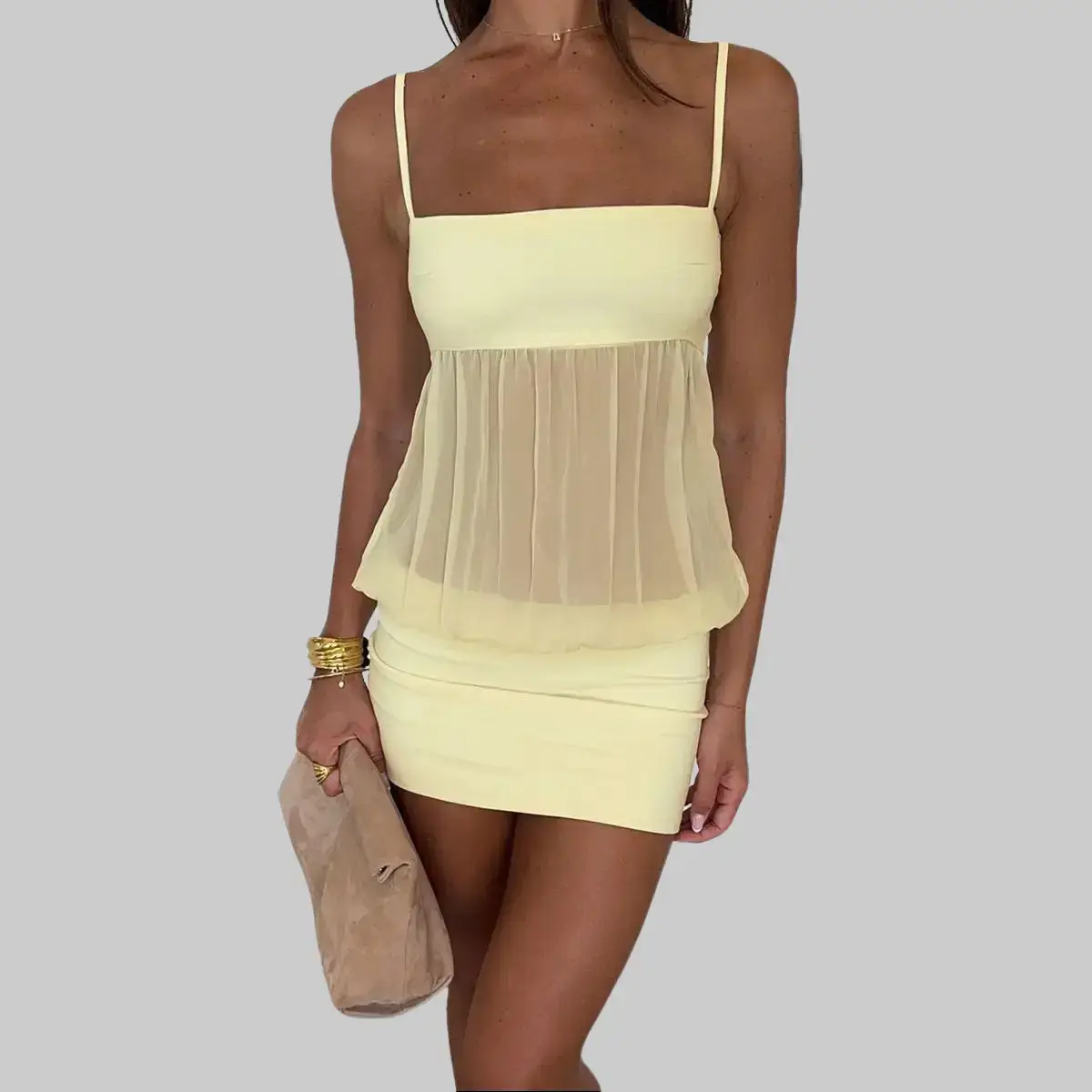 Women's Spaghetti Strap Square Neck Sheer Pleated Panel Slim Fit Mini Dress 2026 Spring Summer New Arrival Solid Color Dress Perfect for Brunch Dates Casual Outings Stylish Short Dress