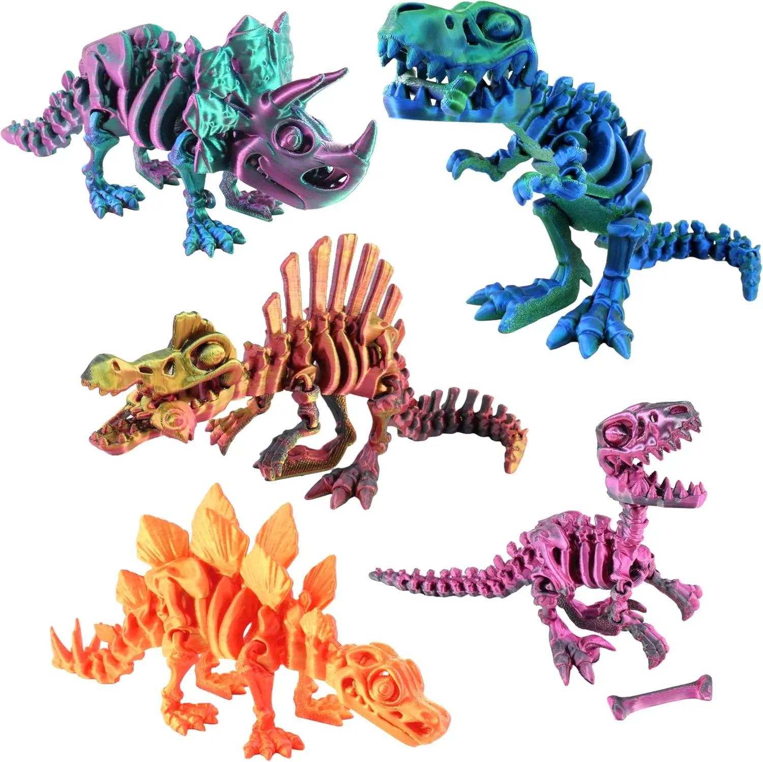 PowerTRC 5PCS 3D Printed Dinosaur Skeletons, T-Rex Triceratops Stegosaurus Velociraptor Spinosaurus Fidget Toys, 3D Printed Dragon Animals Toys, Articulated 3D Figurine Stress Relief Toy