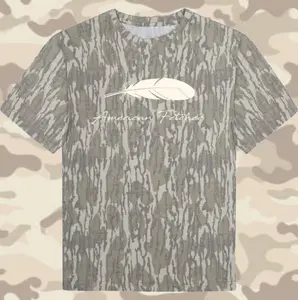 The Feather Graphic Tee | Mossy Oak Original Bottomland Camo Shirt | Vintage Washed Out Short Sleeve Hunting Tee | Premium Retro Timber Outdoor