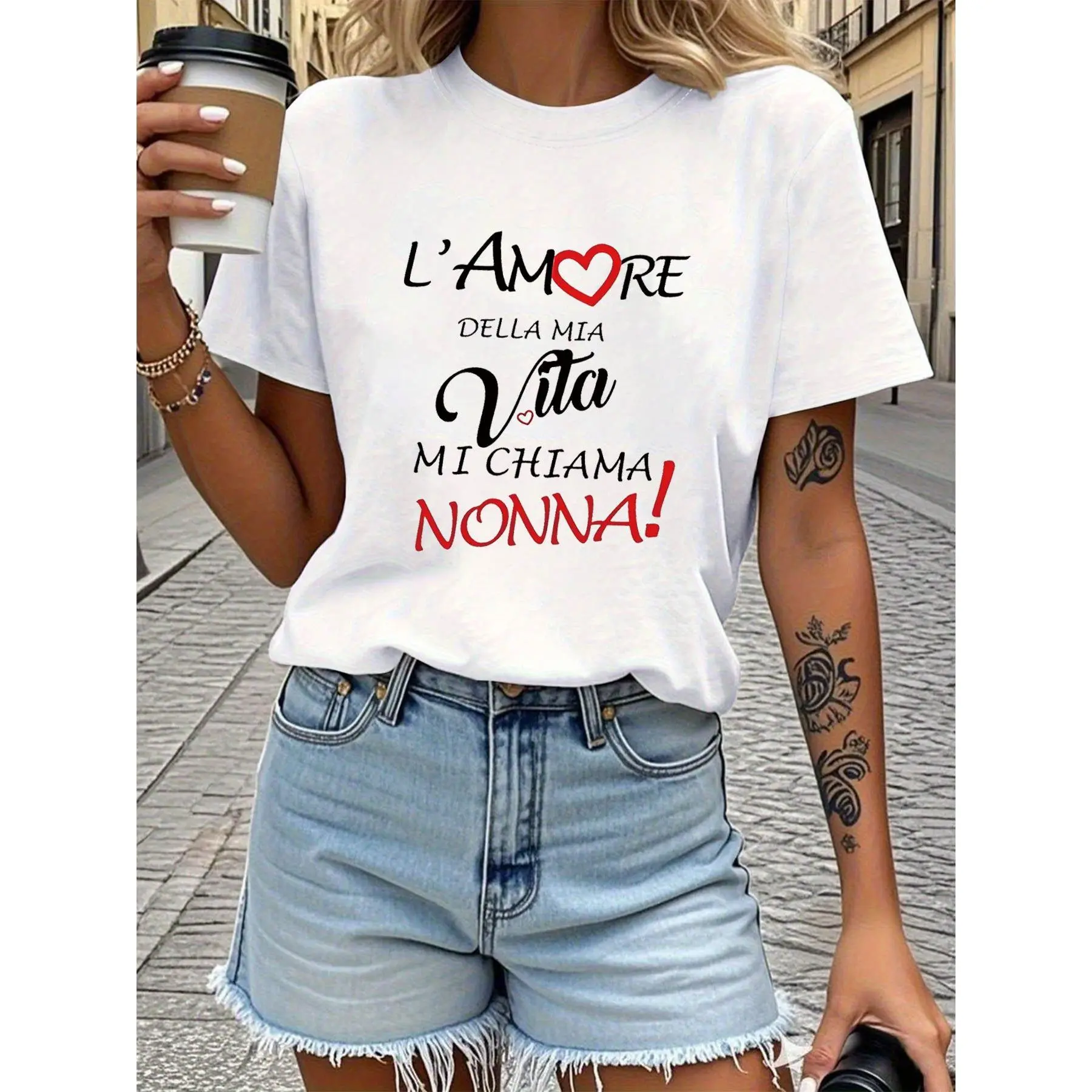 Women's "The Love of My Life Calls Me Nonna" Letter Print T-Shirt, Casual Short-Sleeve Soft Cotton Medium-Stretch Summer Top, Round Neck, Fitness Use, Hand-Wash Ok, Fashionable, Do Not Bleach