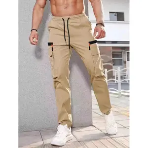 Men's solid color zippered pocket drawstring belt athletic casual pants, multi-pocket design, comfortable fabric, suitable for all seasons, perfect for everyday casual wear, regular fit.