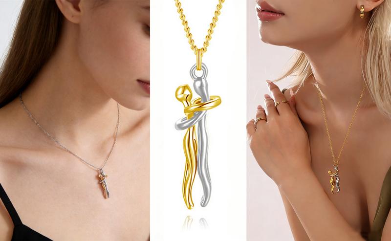 WoodBerry Affectionate Couple Hug Necklace for Women Men Love Snuggle Hug Pendant Jewelry Necklace Perfect Valentine's Day Anniversary Gift for Lovers