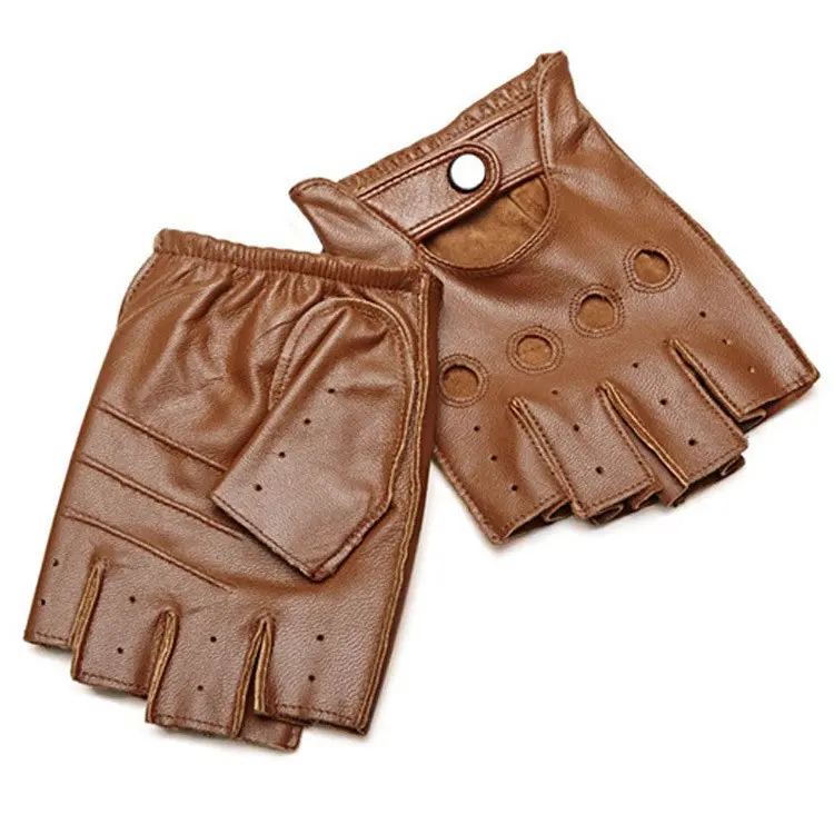Men's Vintage Style Perforated Sheepskin Leather Half-Finger Driving Gloves with Snap Closure - for Adults, All Seasons Biking & Casual Wear, Classic Sports & Outdoor Accessories