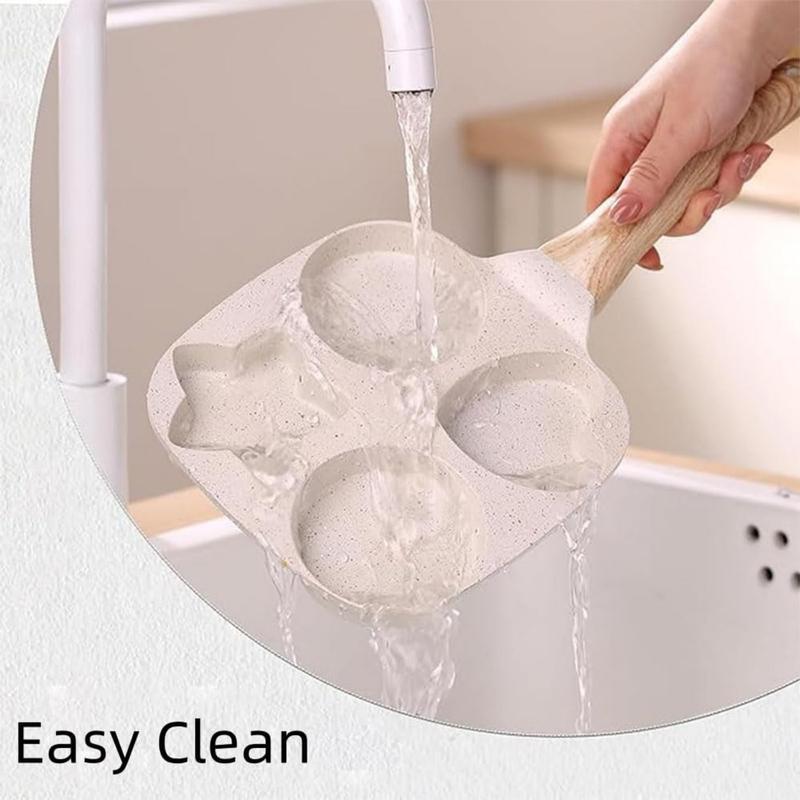 Non-stick egg frying pan,4-hole Heart-Shaped Pancake Pan with Wooden Handle,Easy Clean,Space-Saving,Multi-functional breakfast pan,for Breakfast,Eggs,Burgers,for all stoves