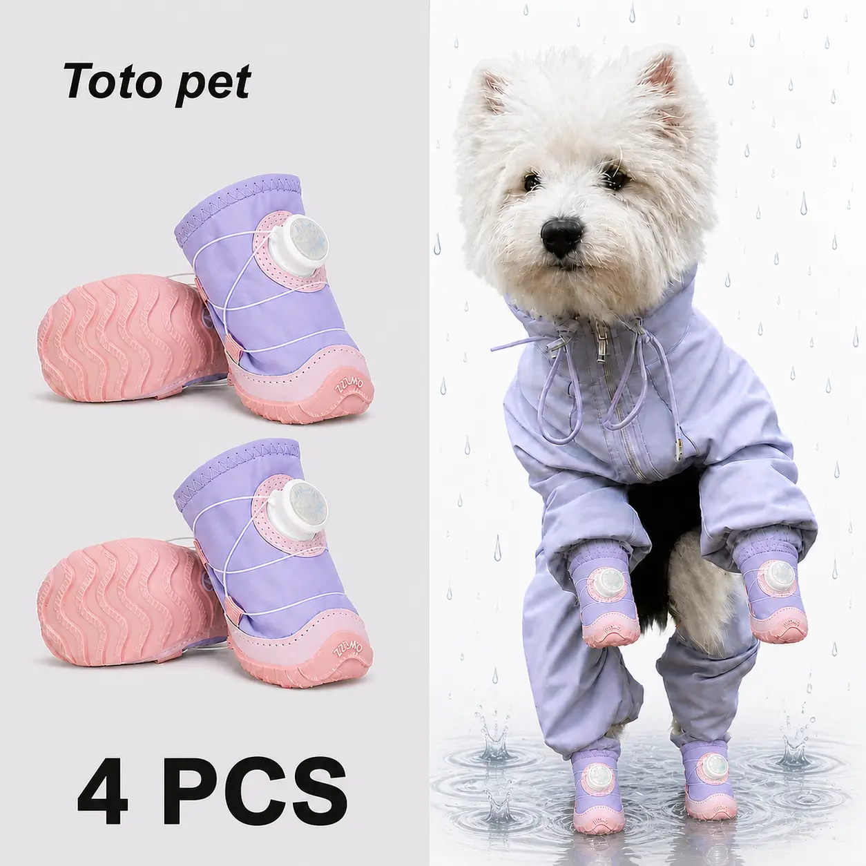 4pcs Dog Booties for Small-Medium Dogs - Slip-Resistant, Waterproof, PVC-Rubber Paw Protectors with Vibration Lights, Fairy Purple Costumes for Maltese Puppies, Puppy