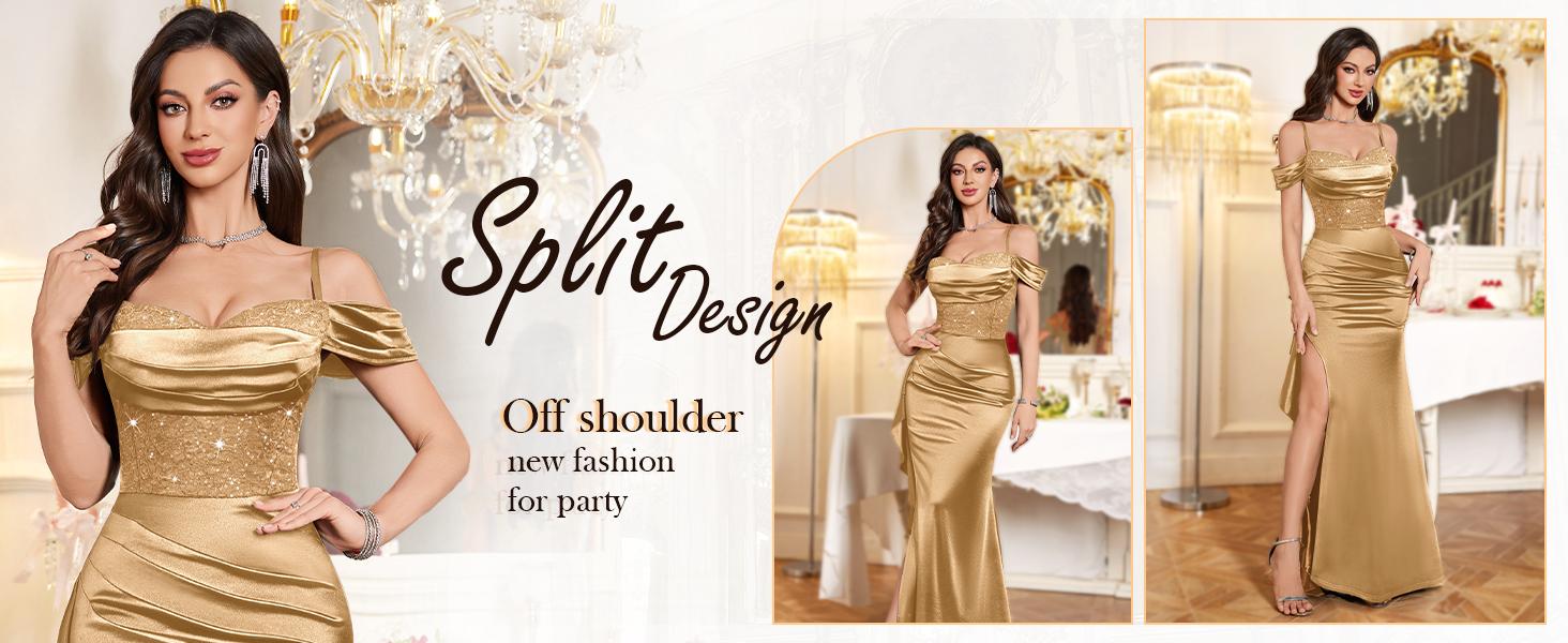 Miusol 55814A Women's Golden Elegant Sequin Lace Spaghetti Straps Ruffle Tight Split Womenswear Formal Satin Maxi Dress for Evening Party Prom Banquet Formal Prom Gala Special Events SpringStatements