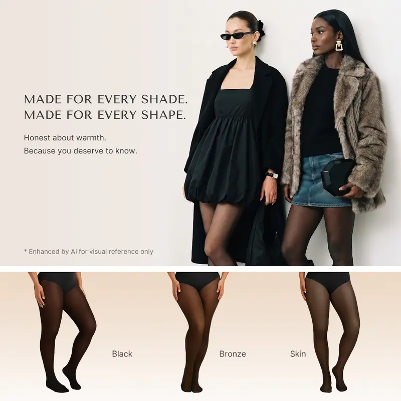 SHAPELLX Sheer-Panel with Fleece Lined Tights Stay-Warm Tummy Control Sheer Effect Tights Bodysuit Black Basic