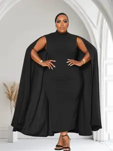 Stella Cape Plus Size Midi Dress - Black, High Neck, Fitted, Back Zipper, Oversized Accent Cape, 100% Rayon, Formal Womenswear Workwear