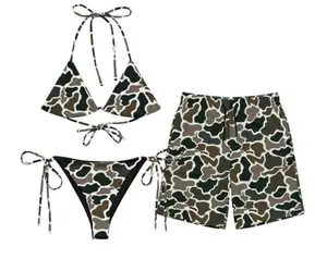 Couple Matching Duck Camo Beach Outfit – Men’s Swim Shorts & Women’s Triangle Bikini Set