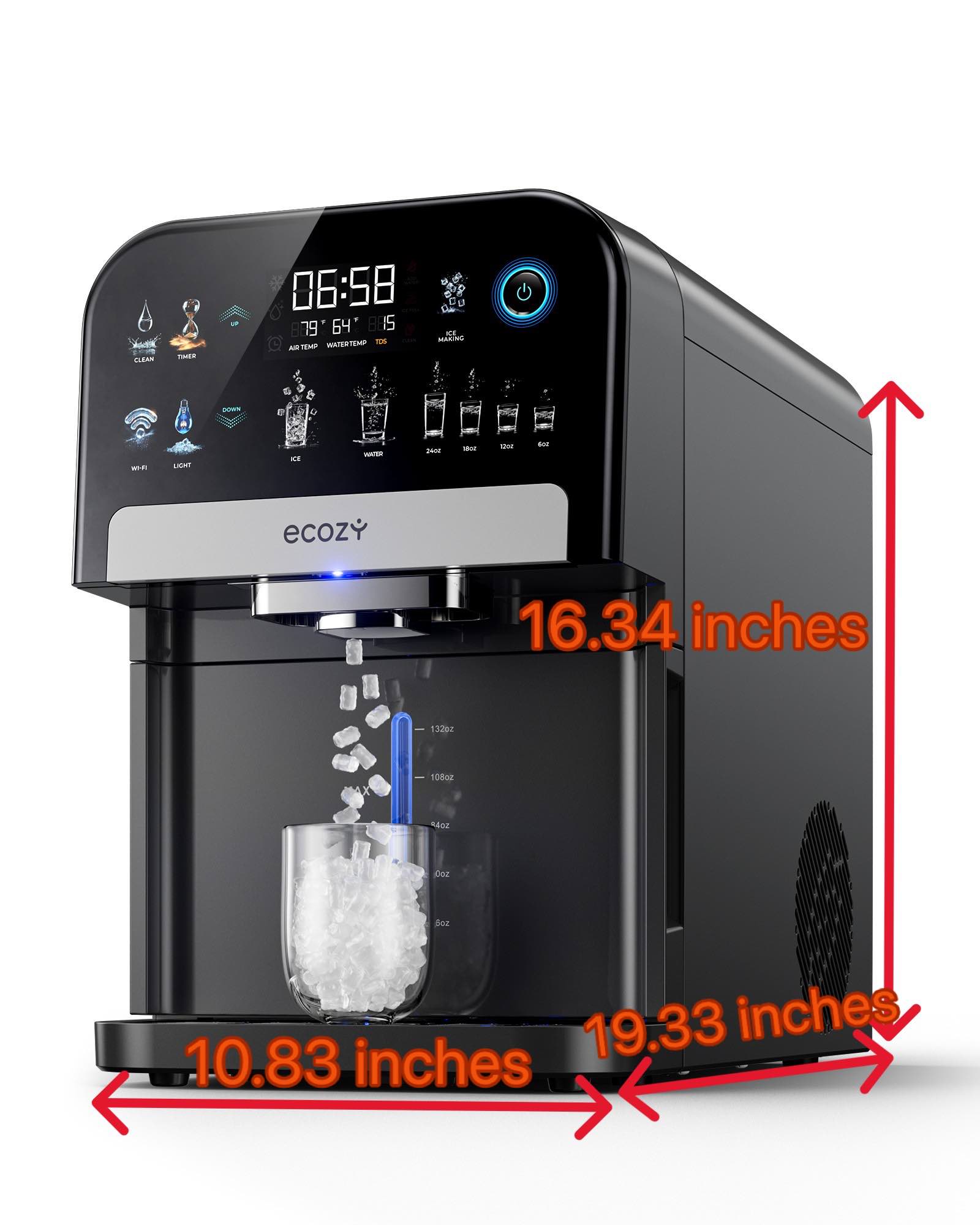 ecozy Nugget Ice Dispenser, Ultra-quiet Smart 2-in-1 Pebble Ice Machine Countertop & Water Dispenser with App Control, Easy Self-Cleaning, Auto Lighting, TDS Monitor, Measured Dispensing, Christmas Gift, Holiday Haul Gift