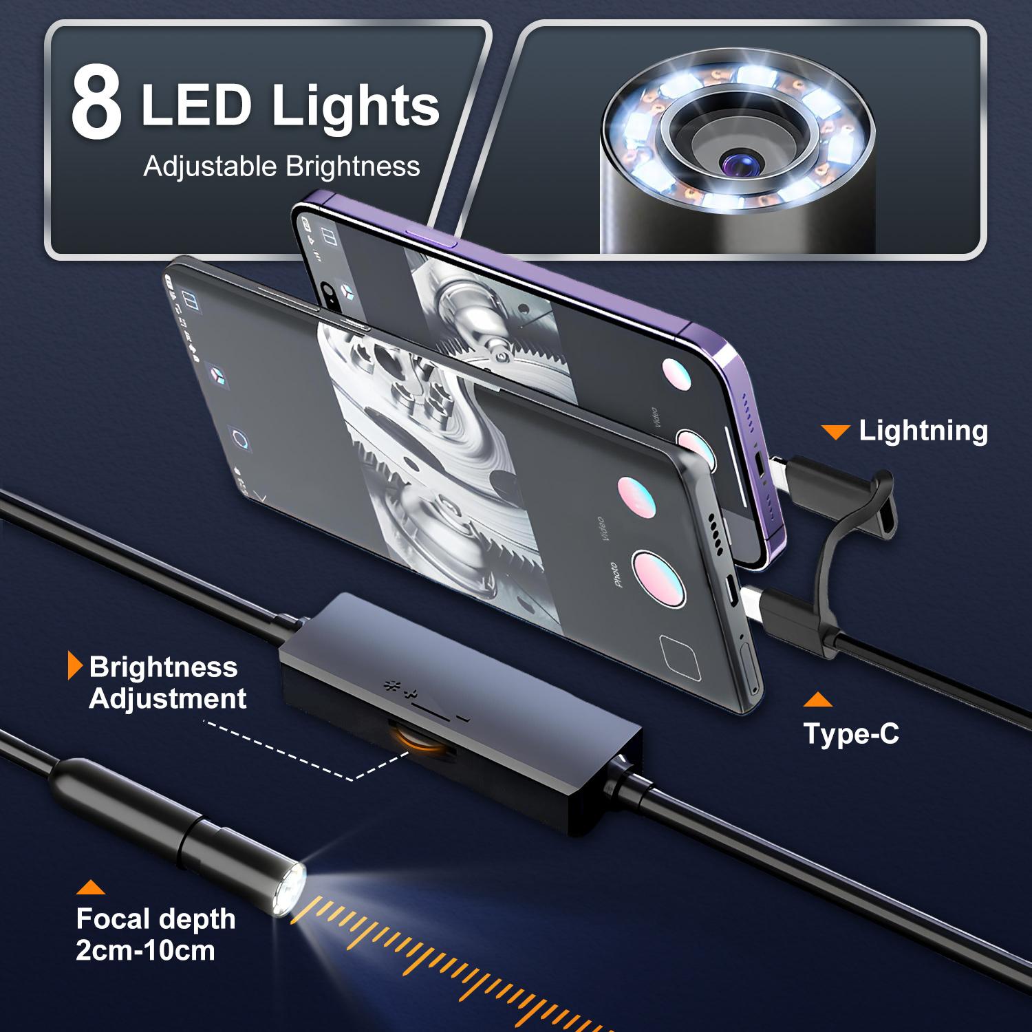 Endoscope Camera with Light, 1920P HD Borescope Tools with 8 Adjustable LED Lights, Endoscope with Semi-Rigid Snake Camera, Inspection Borescope for iOS and Android - 16.4ft Single Lens