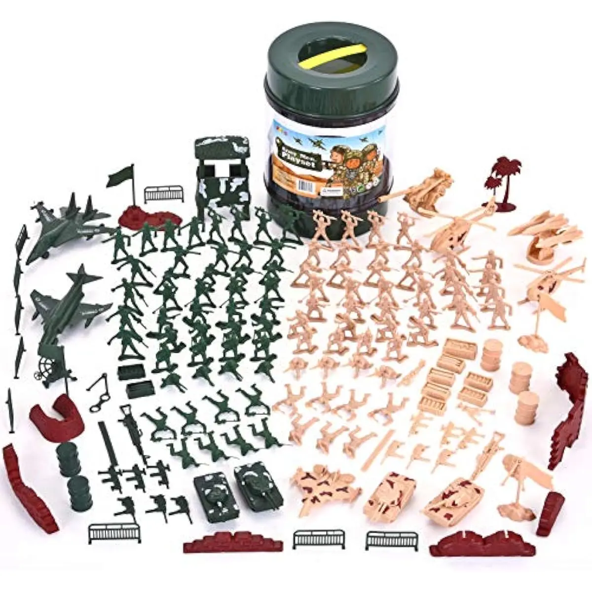 164 Piece Military Soldier Playset Army Men Play Bucket Army Action Figures Battle Group Deluxe Military Playset, Aircrafts, Helicopters, Tanks with Bucket, Birthday Gifts for Boys 3 4 5 6 7 8