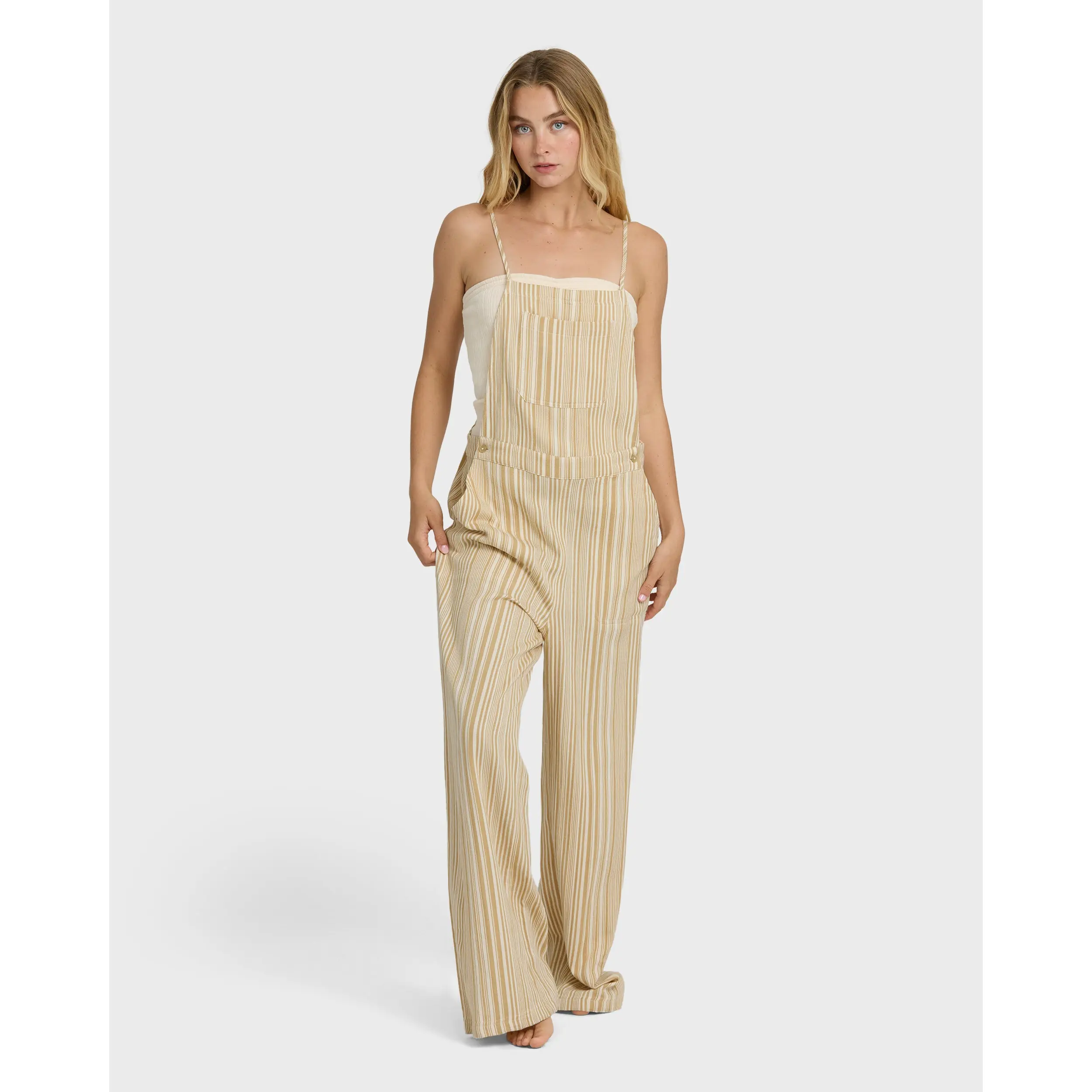 BILLABONG Women's So Easy Romper, 100% Cotton Herringbone Tie Shoulder Full Length, Surf Casual Daily Jumpsuit