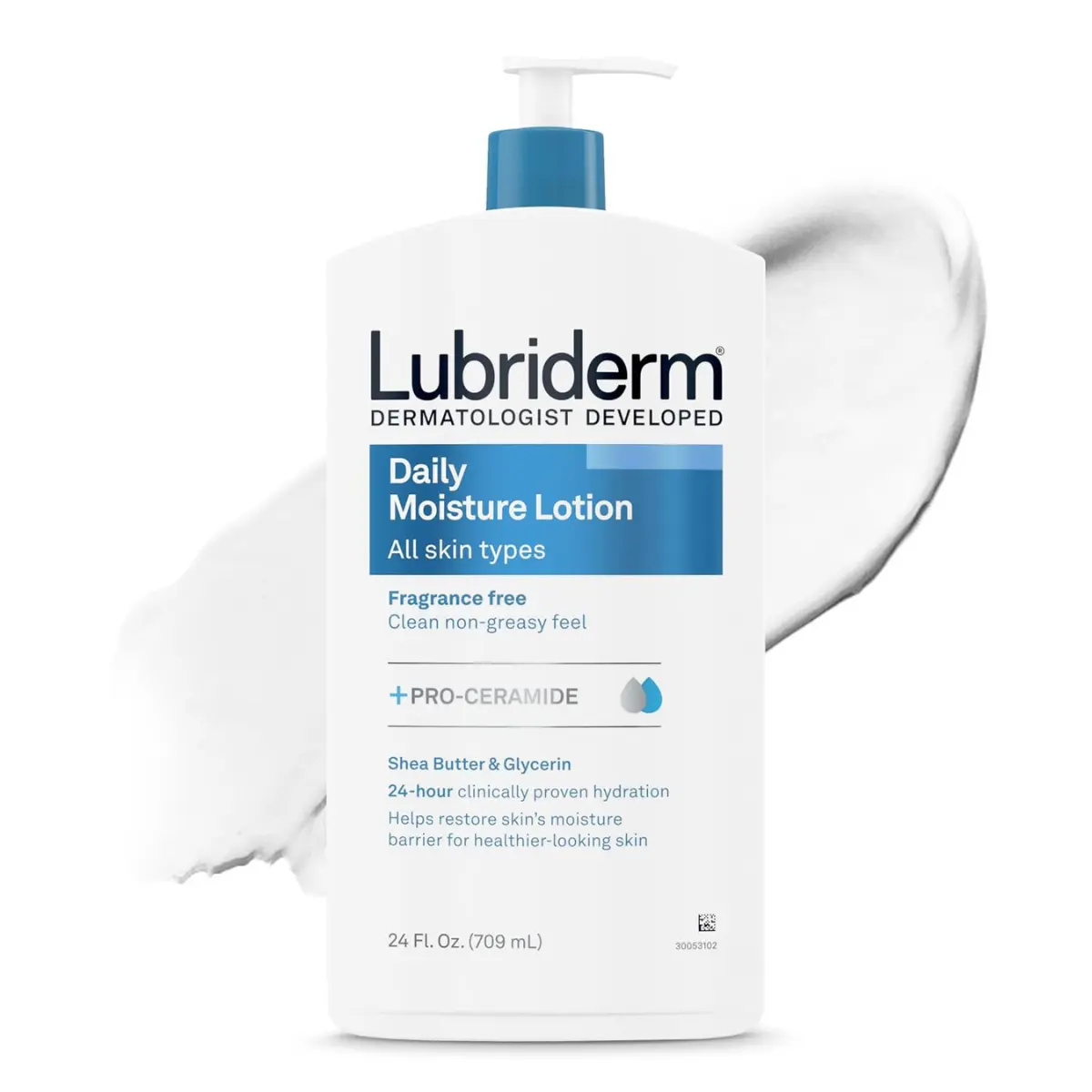 Lubriderm Fragrance Free Daily Moisture Body Lotion + Pro-Ceramide, Unscented Lotion, Body Lotion for Dry Skin, Shea Butter, Glycerin, Non-Greasy 24-Hour Moisturizer, Paraben & Dye Free, 24 Fl Oz