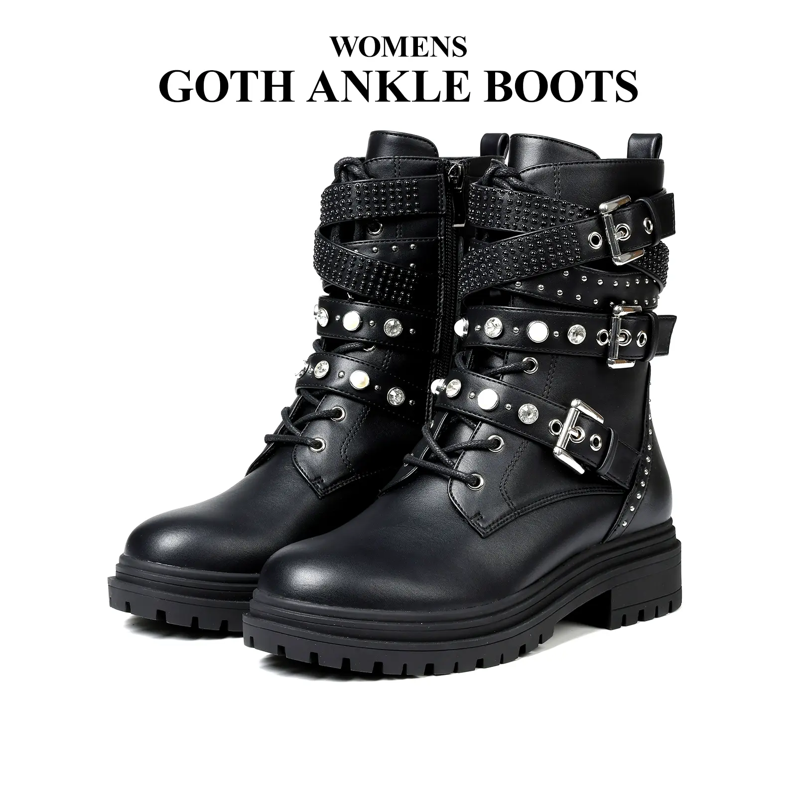 Womens Ankle Boots Rounded Toe Platform Heels Fashionable Side Zipper Lace Up Goth Studs Buckle Belt Comfy Outdoor Clubbing Event Casual Punk Combat Summer Boots