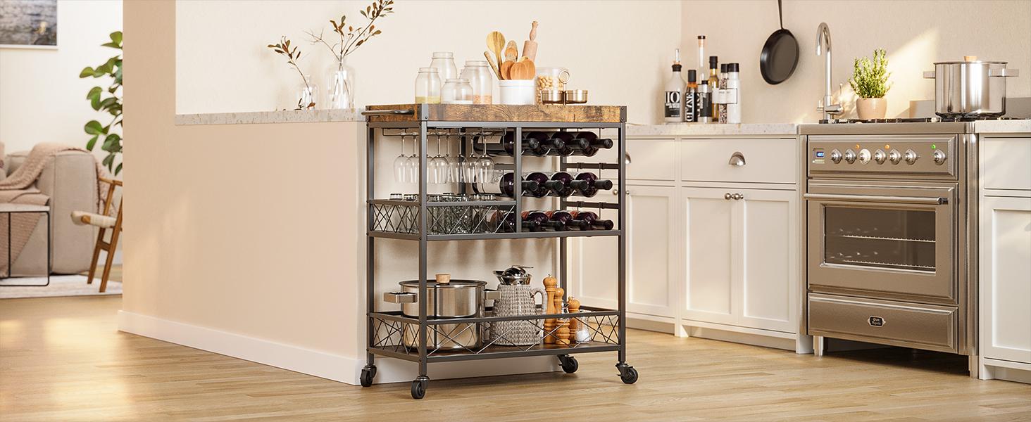Gizoon Bar Cart, 3 Tier Coffee Cart with Lockable Wheels, 12-Bottle Wine Rack, and Hanging Glass Holder, Kitchen Rack with Removable Tray, for Kitchen, Dining Room, Entertaining, Club Party,Retro Gizoon Bar Cart, 3 Tier Coffee Cart with Lockable Wheels, 12-Bottle Wine Rack, and Hanging Glass Holder, Kitchen Rack with Removable Tray, for Kitchen, Dining Room, Entertaining, Club Party,Retro